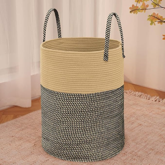 JMvicyroam 100L Cotton Rope Laundry Basket Hamper, Brown and Black | Collapsible laundry basket, reinforced handles, freestanding, machine washable, holds 3-5 thick blankets, clothes or toys