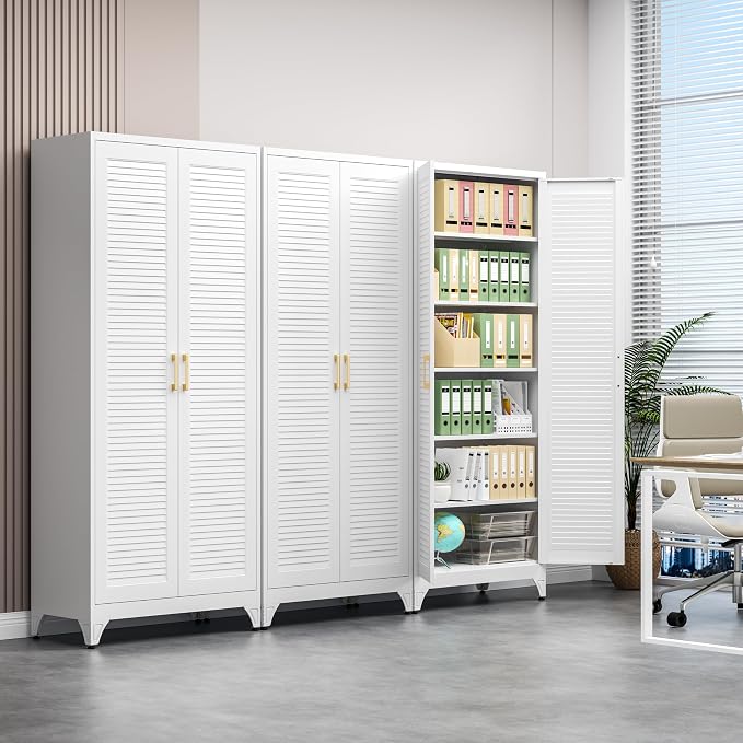 Polup 75" Pantry Cabinet, Tall Metal Storage Cabinet with Doors and Shelves | White Kitchen Cabinet, 5 Adjustable Shelving, Heavy-Duty Steel, Louvered Doors, Gold Handles, for Garage Office & Laundry