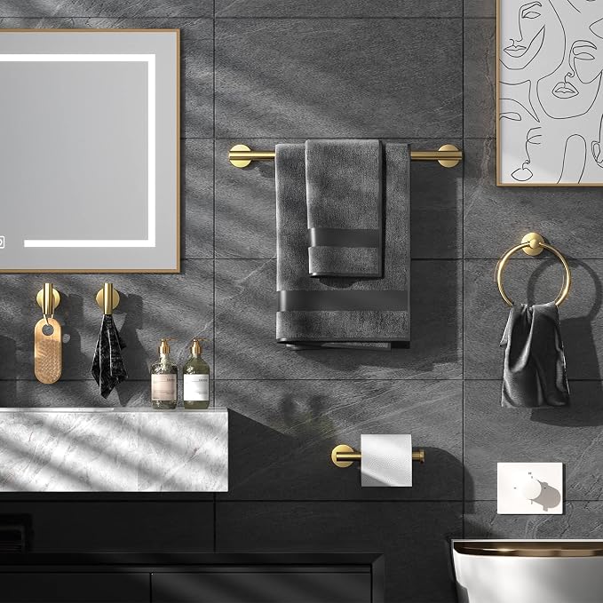 Bathroom Hardware Set Brushed Gold, 10pcs Towel Bar Set Including 2pcs16 inch Towel Bars, Toilet Paper Holders, Towel Rings and 4pcs Robe Towel Hooks