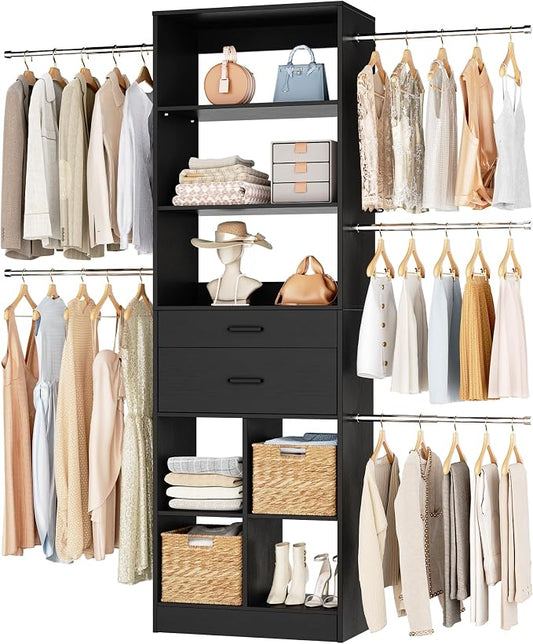 Besiost Small Closet System, 3.2-6.8FT Small Closet Organizer with 5 Hanging Rods, Can Fit 37.5 to 81.9 inch Walk-in Closet System, Built-in, Black, Enclosed Storage Volume 2.32 ft³