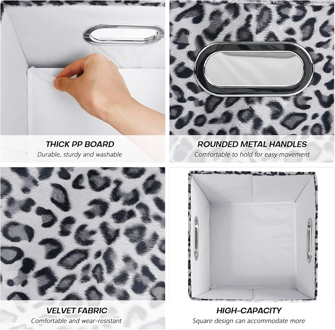 ANMINY Leopard Cheetah Print Storage Cubes Bins, Velvet, Gray, 11Inch 6PCS | Collapsible & Washable, PP Board Frame, Built-in Metal Handles, Animal Themed Fabric Cubes Baskets for Closet Shelves Decor