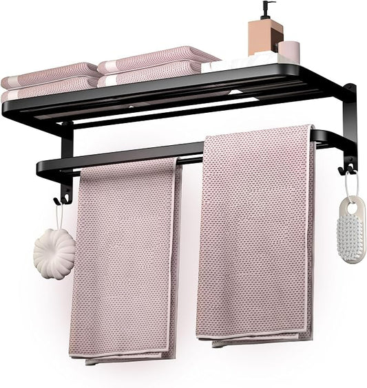 23 Inch Bathroom Towel Rack Towel Shelf with Double Towel Bars Lavatory Wall Mount Holder with Hooks Stainless Steel Hotel Bath Rack (Matte Black)