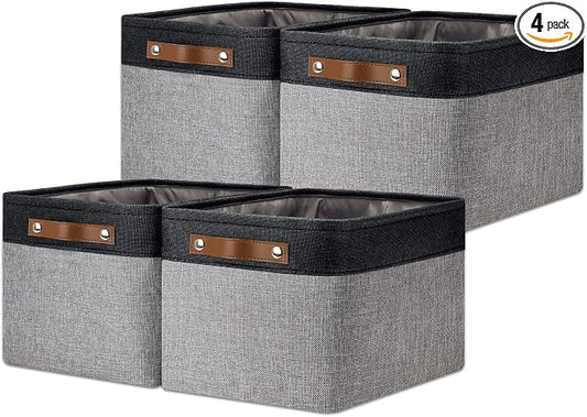 DULLEMELO Canvas Storage Bin with Handles, Fabric Bins for Shelves, Bedroom, Office,Nursery,Fabric Storage Baskets for Toys, Clothes,Gift(Black&Grey,L-15"x11"x9.5",4-Pack)