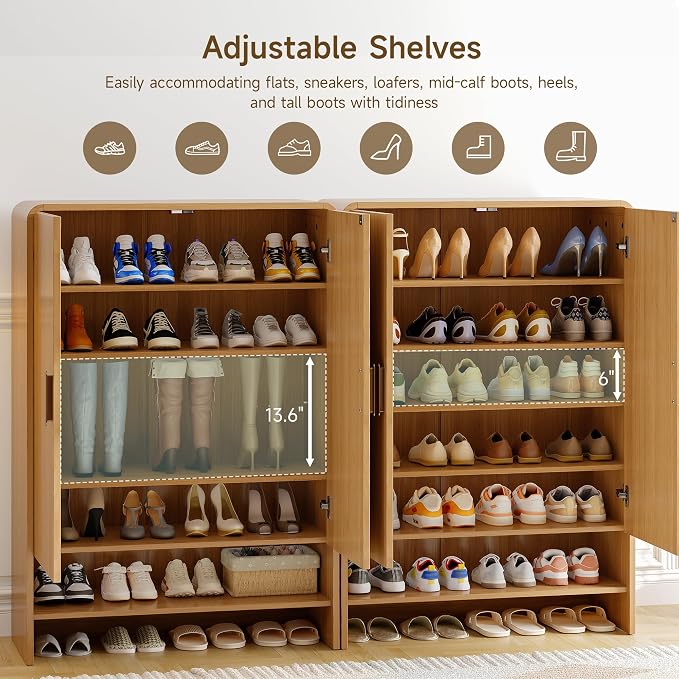 6-Tier Shoe Storage Cabinet, 45'' Large Farmhouse Shoe Cabinet for Entryway, Modern Wooden Shoe Rack Organizer with Doors and Shelves, for Front Door Hallway (Oak)