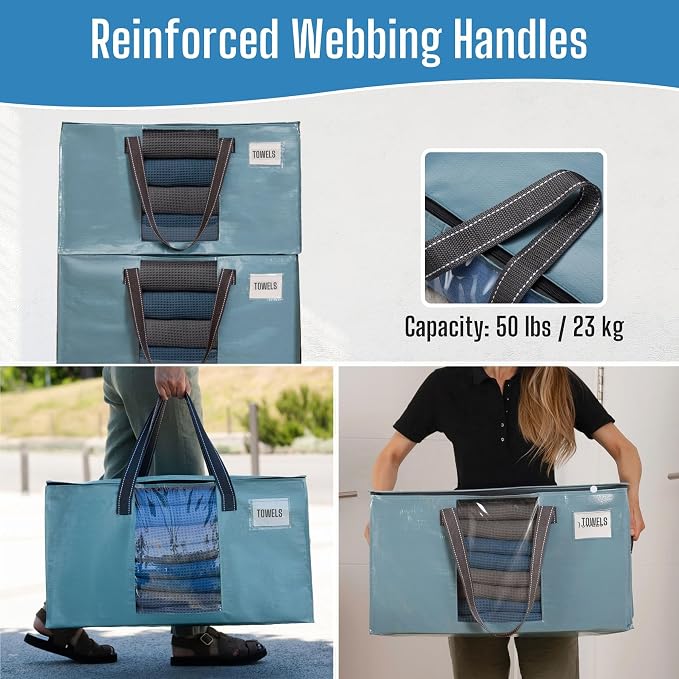 VENO Moving Bags, Wide Open Top, Clear Window, Light Blue, 6 Pack | Moving boxes Alternative, Heavy Duty, Storage Bags, Clothes and Comforter Storage, Packing Supplies, College Dorm Essentials