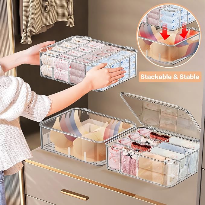 Sock Underwear Organizer, 16 Compartment Adjustable Dividers Tie Socks Underwear Drawer Organizers for Closet, Clear Plastic Storage Containers Box with Lids for Ties Scarf Socks Bras