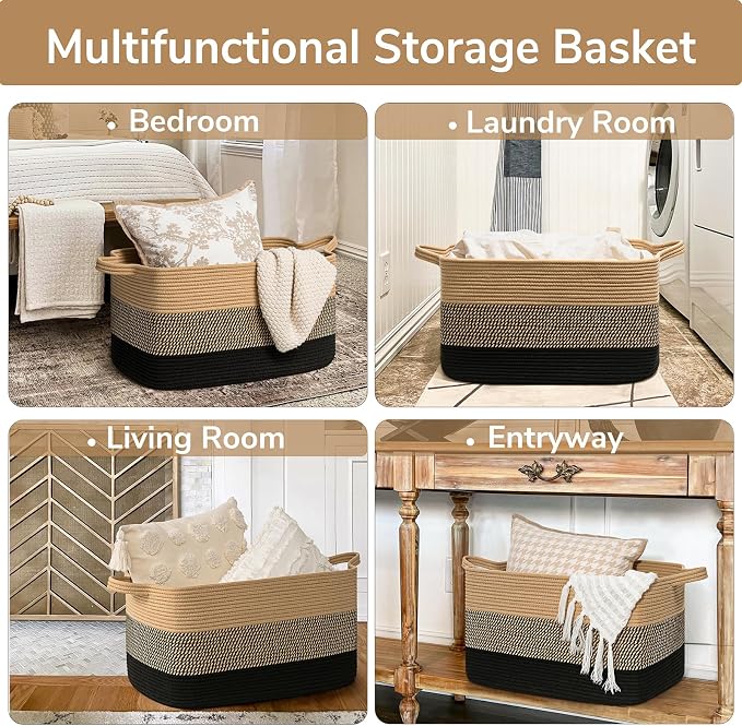 Goodpick Wicker Blanket Basket, Rectangle Storage Organizer, Black Jute | 21.6 x 14.9 x 11.8 in, Reinforced Handles, Living Room, Bedroom & Nursery Organization, Blankets, Clothes & Toys Storage