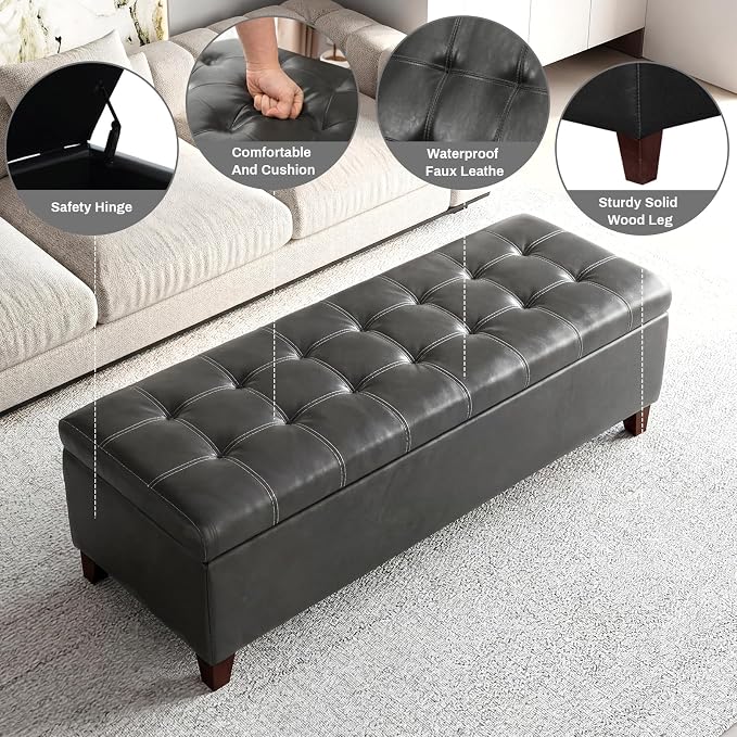 Ottoman with Storage 51 Inch End of Bed Storage Ottoman Bench | Faux Leather Upholstered Ottomans with Hinged Lid, Rectangle Long Foot Rest Bench for Entryway Living Room Bedroom Gray