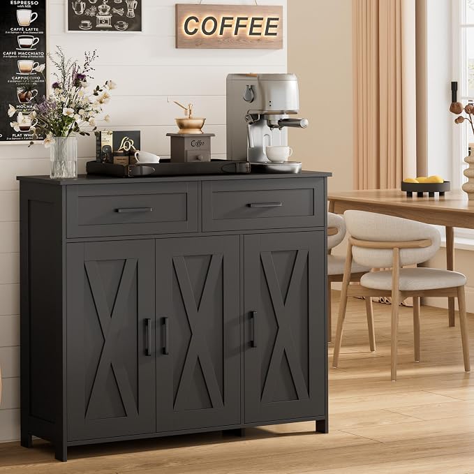 Homhedy Coffee Bar Storage Cabinet with Drawers, Kitchen Buffet Cabinet | Sideboard Cabinet with Doors, Farmhouse Buffet Cabinet, Adjustable Shelves, for Kitchen / Dining / Living Room, Black