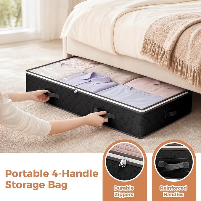 Budding Joy 90L Under Bed Storage Containers, 6 Pack Clothes Storage Bins | Foldable underbed storage bins for linen sheets, blanket, clothing, comforter, sweaters, pillows, wrapping paper, black