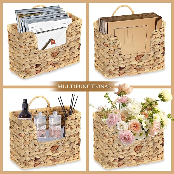 Hanging Magazine Basket, Woven Wall Magazine Holder Organizer with Handle for Mail, Files, Books - Water Hyacinth Farmhouse Storage Rack for Bathroom, Kitchen, Office