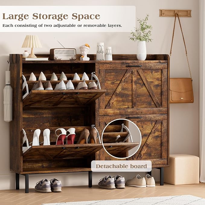 EOYUTLLY Shoe Cabinet Storage for Entryway, Narrow Shoe Rack Cabinet with 4 Flip Drawers, Freestanding Hidden Shoe Rack Storage Organizer, White with Metal Legs