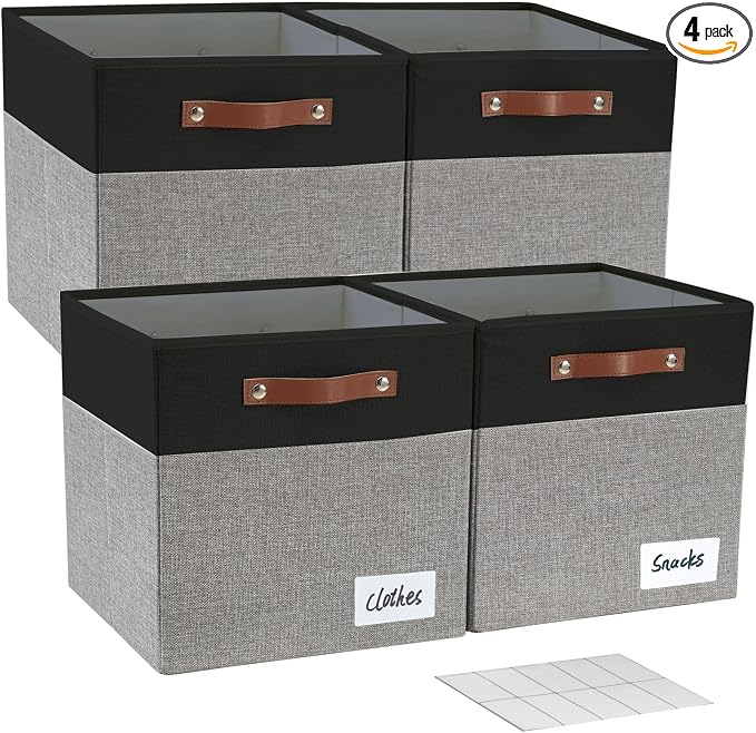 Bagnizer 13x15x13 Storage Cube Bins, Foldable Storage Organizer Baskets, Fabric Cube Storage Boxes with 2 Reinforced PU Handles for Kallax, Shelves, Living Room | 4 Pack, Black & Gray