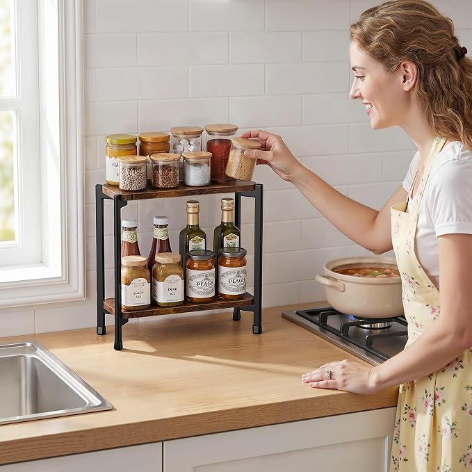 pickpiff 2 Tier Spice Rack Organizer for Kitchen Countertop, Wood and Metal Seasoning Shelf, Space-Saving Spice Organizer for Kitchen Counter, Coffee Bar and Dining Table, Brown