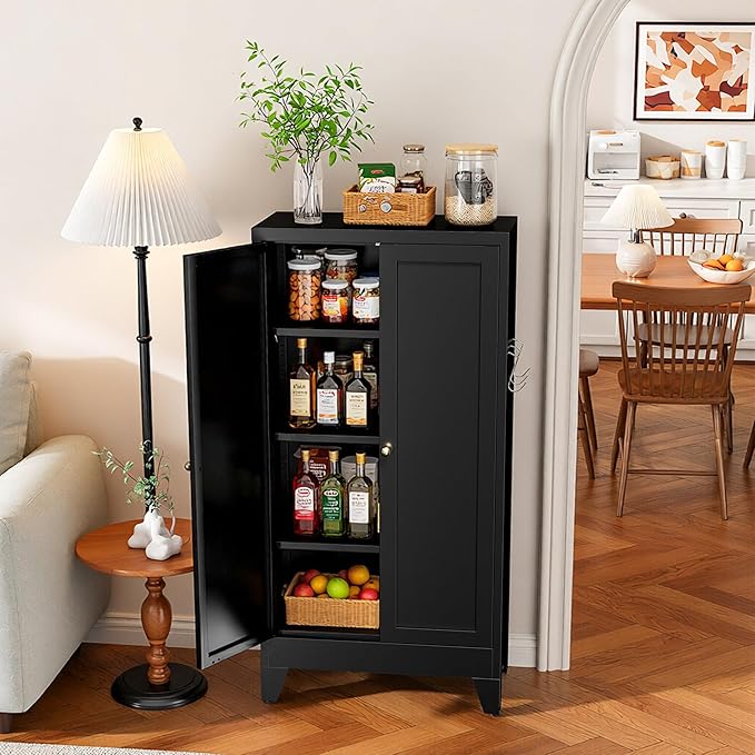 AQY Kitchen Pantry Cabinet,47" Black Pantry Storage Cabinet with 5 Tier Adjustable Shelves and 2 Doors,Freestanding Cupboard,Metal Pantry Cabinets with Handle for Living Room Kitchen Assembly Required