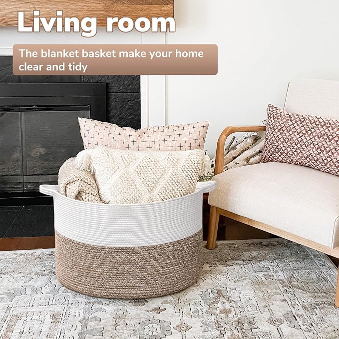 Goodpick Large Woven Blanket Basket Living Room & Playroom, 85L | 21.7 x 21.7 x 13.8 In Woven Basket for Storage, Kids Toy Storage for Playroom, Laundry Basket for Towels, Mele