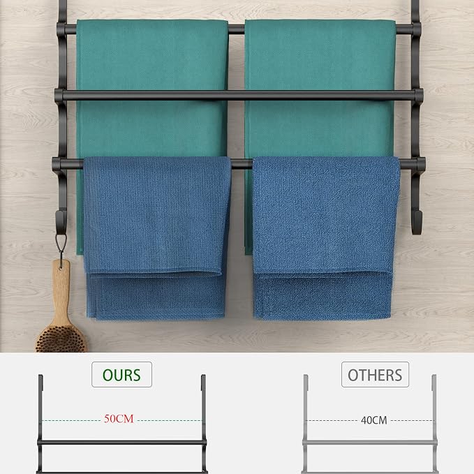 CANYAVE Over The Door Towel Rack, Over Door Towel Rack for Bathroom Door, Triple Towel Storage Holder with Hooks (Matte Black, 20.15" L)