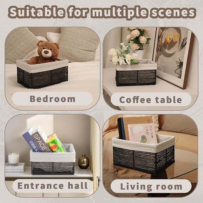 GYASVWU Hand-Woven Paper Rope Storage Baskets,Rectangular Wicker Baskets for Organizing,Decorative Woven Basket for Storage,Shelf Basket for Living Room,Storage Baskets for Pantry (Black - Small)