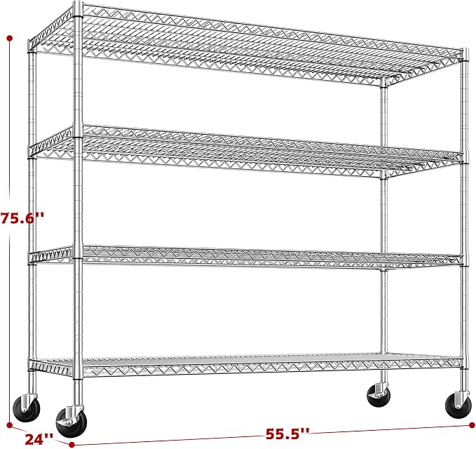 REIBII 4-Tier Heavy Duty Shelving with Wheels,2480LBS Chrome Storage Shelf | 24"D, 600lbs per shelf, adjustable wire shelving, garage, pantry, commercial, kitchen, warehouse,leveling feet,easy assembly