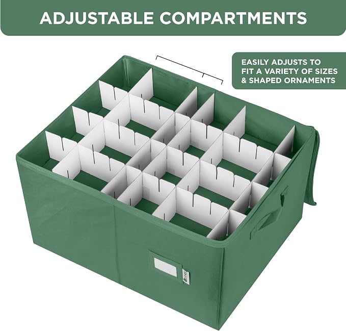 Christmas Ornament Storage Container with Dividers - Box Stores Up to 96 Ornaments, Zippered, Convenient, Adjustable, Large Organizer Bin to Protect Holiday Décor, Fits Most Standard Size, Green