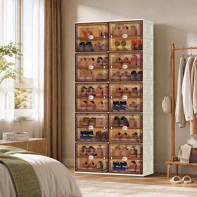 40 Pairs Shoes Storage Cabinet of 3-Step Fast Installation,Plastic Shoe Rack with Clear Magnetic Door for Display，Foldable Shoe Organizer for Entryway, Living Room, Garage (2 Row, 10 Tier)