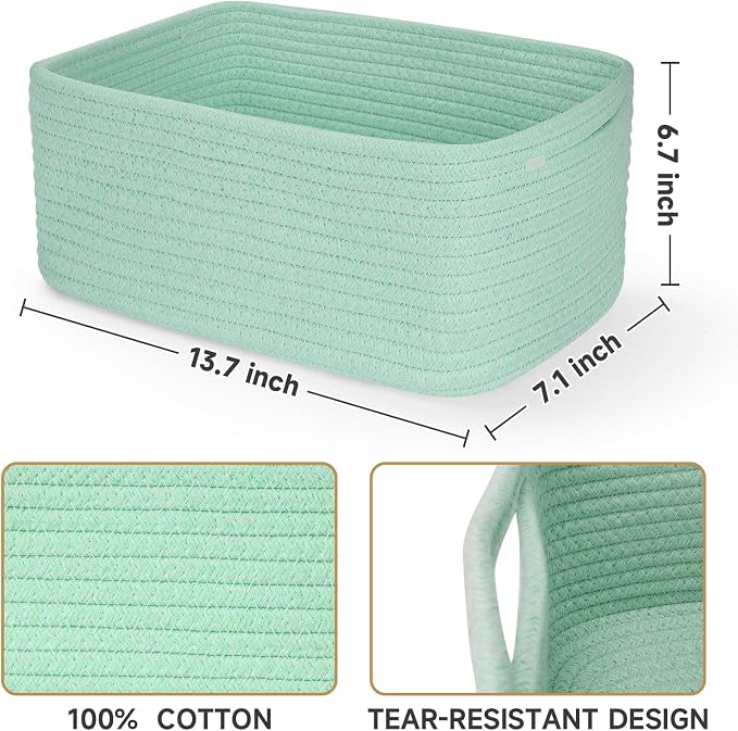 3-Pack Storage Baskets for Organizing | Woven Shelf Toy Basket | Rope Baskets for Gifts Empty | Closet Organizer Bins with Handles | Cube Decorative Box | 13.7×7.1×6.7” | Light Green