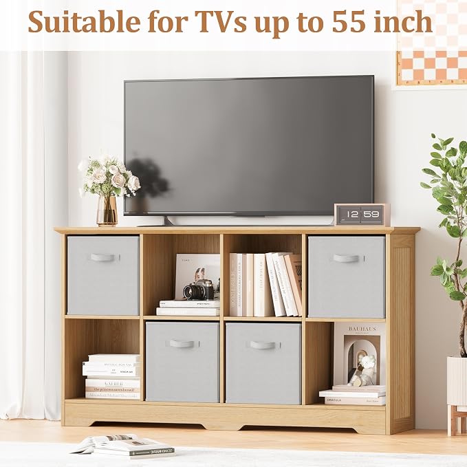 8 Cube Storage Organizer Shelf, Wood Cubby Storage with 4 Fabric Drawers | 2 Tier Wooden Bookshelf with 2 Adjustable Shelves, Fluted Side Panels Bookcase for Living Room, Home Office, Wood