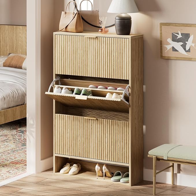 Evermagin 31.5''W Oak Shoe Cabinet Storage for Entryway, Fluted Slim Shoe Dresser with 3 Flip Drawers, Narrow Shoe Rack Cabinet, Hidden Shoe Organizer Cabinet for Entrance, Hallway
