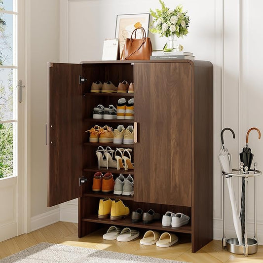 6-Tier Shoe Storage Cabinet, 45'' Large Farmhouse Shoe Cabinet for Entryway, Modern Wooden Shoe Rack Organizer with Doors and Shelves, for Front Door Hallway (Walnut)