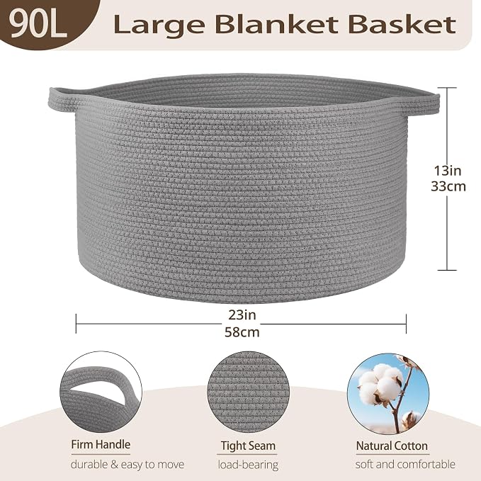 OIAHOMY 90L Extra Large Blanket Basket - Decorative Cotton Rope Storage Basket for Bedroom, Living Room & Nursery - Woven Laundry Hamper for Organizing Blankets, Clothes & Toys - Light Grey