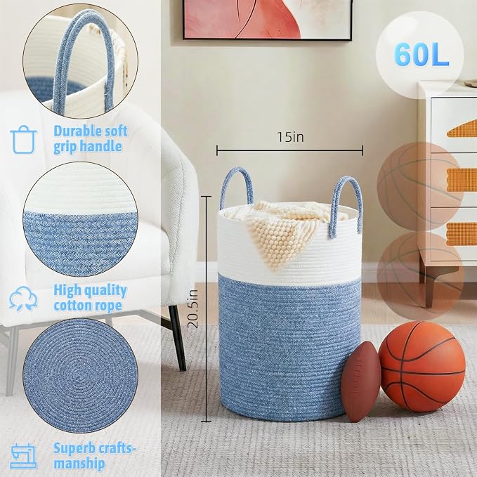 Laundry Basket,Woven Cotton Rope Laundry Hamper,60L for Decor Storage of Dirty Clothes,Toys and Blankets in Bathroom,Baby Room and Living Room
