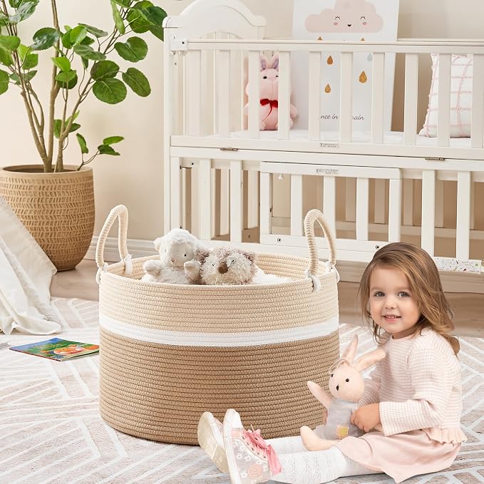 KAKAMAY Large Blanket Basket with Handles, Storage Basket for Living Room | Extra Large Capacity | Natural Cotton Rope | Blanket Storage | Woven Storage Basket | Stuffed Animal Storage | Laundry Basket