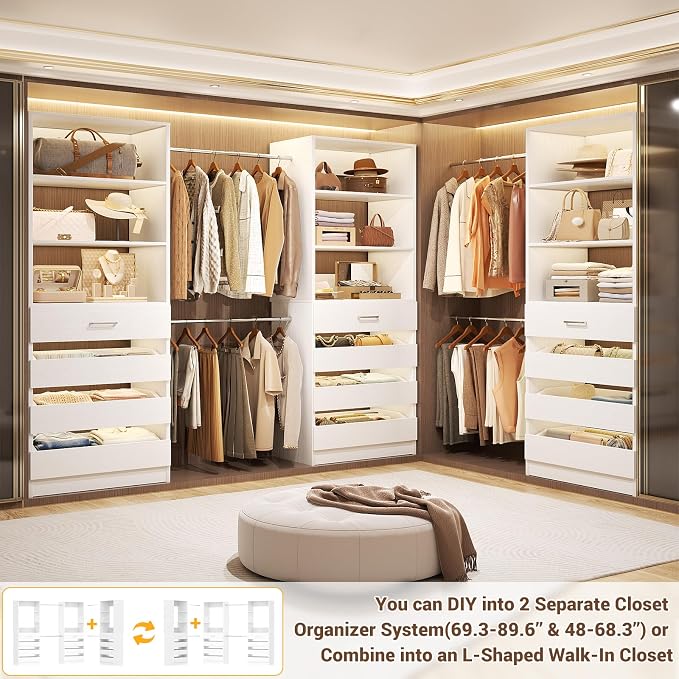 Aheaplus Closet System with 12 Drawers, 8.5-11.5Ft Wood Closet Organizer System with 4 Hanging Rods & 3 Towers, 4Ft & 6Ft L-Shaped Walk-in Closets Wardrobe Organizer Clothes Rack, Set of 3, White1