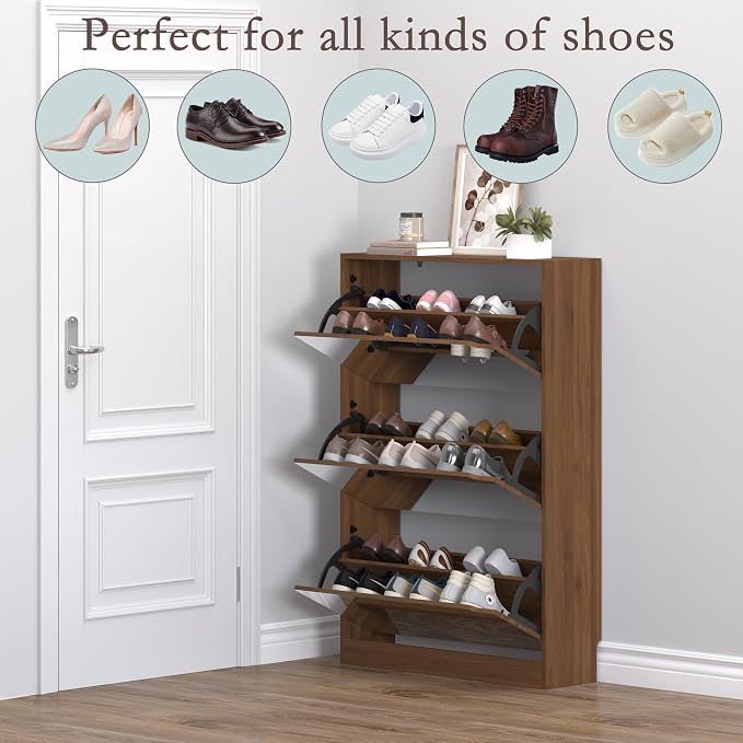 BORNOON Shoe Cabinet with 3-Flip Mirror Drawers, Freestanding Shoe Rack Organizer with Hidden Handle, Slim Narrow Shoe Storage Cabinet for Entryway, Entrance, Hallway, Bedroom