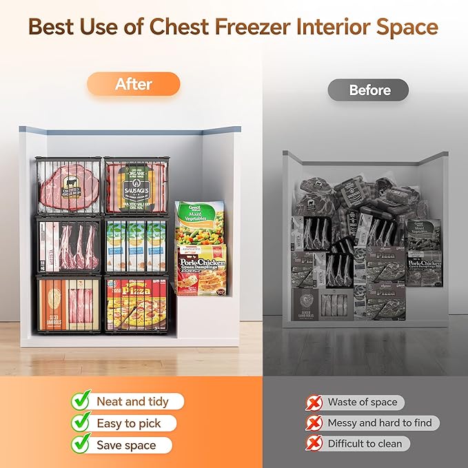 Freezer Organizer Bins, 3 Pack Enlarged Baskets for 5-9 Cu.FT Deep Freezer | Stackable Chest Freezer Organizer Bins, Foldable with Handles, Black Storage Container Baskets for Sort Frozen Meats
