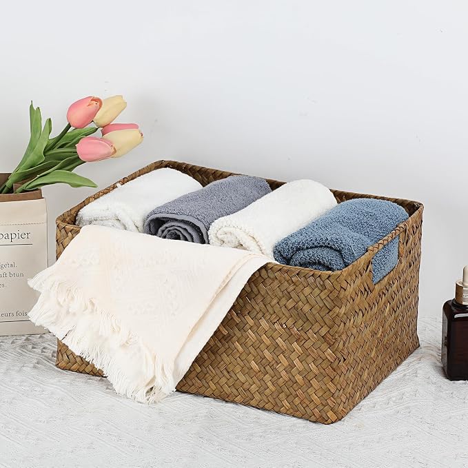Hipiwe Seagrass Storage Basket Bin Rectangular Handwoven Wicker Storage Box with Handle Opened Baskets Box for Shelf Organizing Closet Bathroom, Caramel, Medium