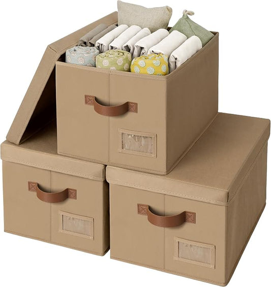 GRANNY SAYS Storage Bins with Lids, Storage Baskets for Linen Closet Shelves, Decorative Storage Boxes, Clothes Storage and Organization for Organizing, 3-Pack, Large, Brown