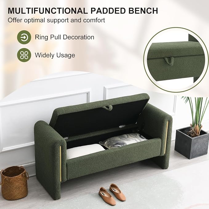 NIOIIKIT 52" Storage Ottoman Bench, Teddy Upholstered Storage Bench with Armrest, Entryway Bench with Pull-Ring, End of Bed Bench, Window Bench for Living Room (Olive Green)