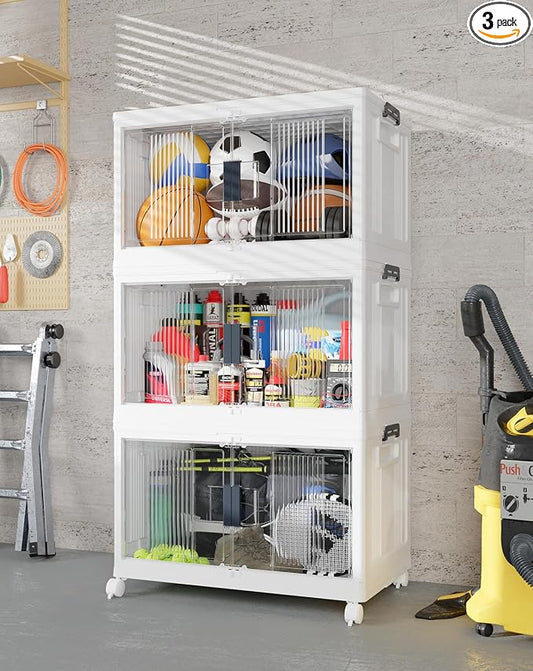 OlarHike 97QT Storage Bins with Lids for Closet, Garage, Shelves, 3 Pack | Multi-Lid, Lockable Cabinet, Large, Doors & Wheels, School, Office, Foldable Container, Stackable Organizers, Plastic Drawers