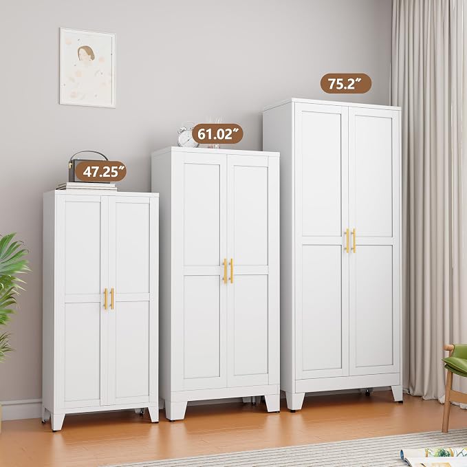 PAOFIN Metal Kitchen Pantry Storage Cabinet with 2 Doors and 3 Adjustable Shelves,Pantry Cabinet with Adjustable Leveling Foot for Kitchen, Living Room, Dining Room（White）