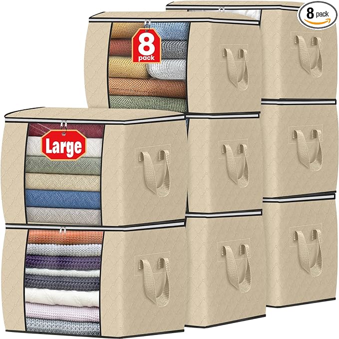 Fab totes 24 Gallons Clothes Storage, Foldable Thick Fabric Blanket Storage Bags, Containers for Organizing Bedroom, Closet, Clothing, Comforter, Organization with Handle (8 Pack,Beige)