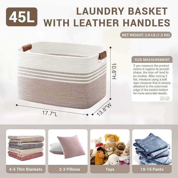 45L Small Woven Laundry Basket Hamper with Leather Handles,Brown | collapsible wicker hamper, storage for dirty clothes, toys, blankets, gifts, living room, bedroom, bathroom, 18"x14"x11"