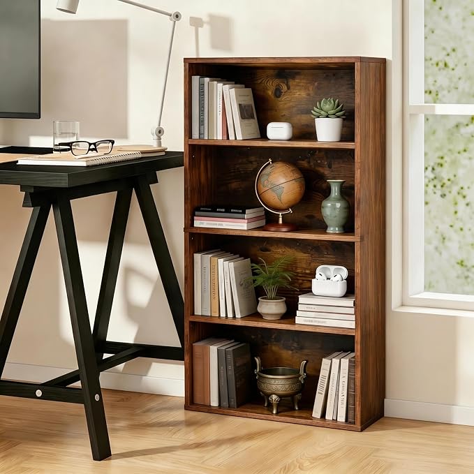 HealSmart 4 Tier Bookcase, Industrial 5 Book Shelf, 9.2" D x 23.8" W x 42" H Tall Open Cube Storage Organizer for Home Office, Living Room, Bedroom and Dinning Room, Brown