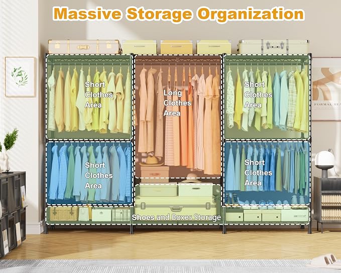E14C Max Heavy Duty Closet Organizer System，Freestanding Clothing Racks for Hanging Clothes，Adjustable Garment Rack 86" W × 16" D × 77" H Hold 1060 lbs，Black Rack with Black Cover