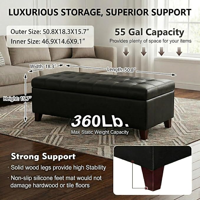 Black Ottoman with Storage Faux Leather Storage Ottoman Bench | 51 Inch Upholstered End of Bed Ottomans with Hinged Lid, Rectangle Long Foot Rest Bench for Entryway Living Room Bedroom