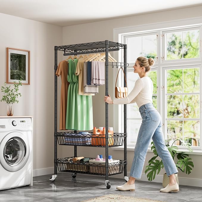 Golpart Heavy Duty Rolling Clothes Rack Wheels Portable Metal Garment Rack | Wardrobe Adjustable Wire Shelving Metal Double Clothing Racks for Hanging Clothes Organizer Closet Laundry Room Organization