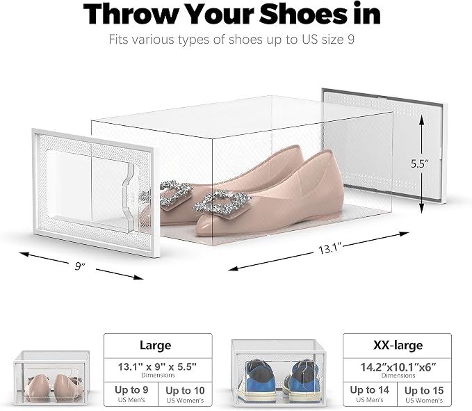 SEE SPRING 12 Pack Shoe Storage Box, Clear Plastic Stackable Shoe Organizer for Closet, Space Saving Foldable Shoe Rack Sneaker Container Bin Holder