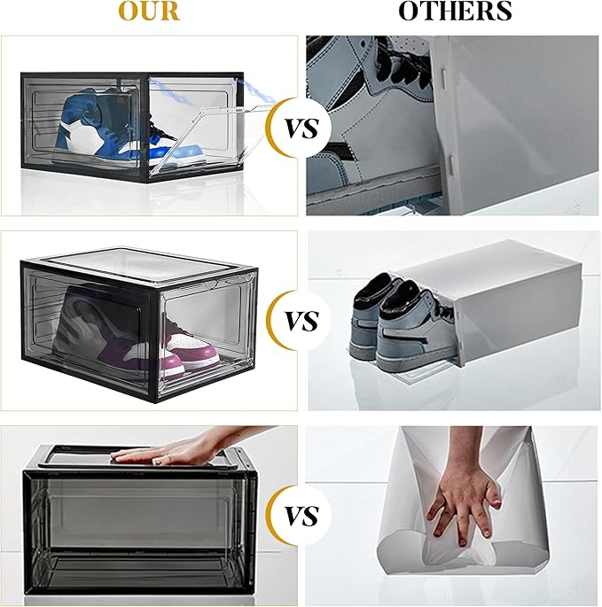 Attelite 12Pack Shoe Boxes Storage Stackable Clear Shoe Organizer Black | Clear Shoe Box for Sneakers Boots & Heels,X-Large,Thicken & Sturdy Plastic,Magnetic Door,Fit up to US Size 12,Easy Assembly