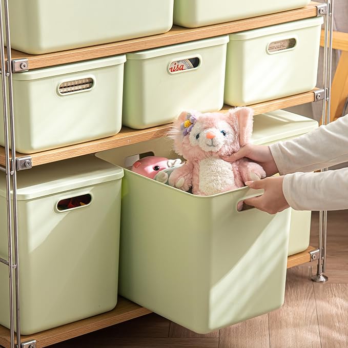 10 pack large plastic White storage bins with Lids, Toy Box Chest with Handle，Organizer Containers Baskets for Baby,Nursery，Shelves，Playroom, Bedroom，Office,Closet，home (Light Green, 5XL+5S)