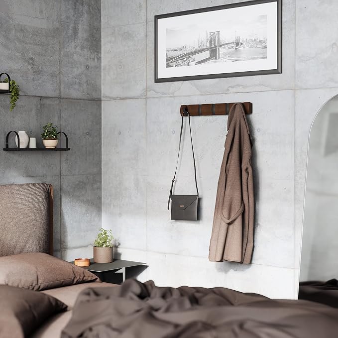 Umbra Flip Coat Rack, Wall Mounted 5-Hook Space Saving, Walnut/Black | Real wood and steel build, retractable hooks fold flat, holds coats bags and scarves, easy install